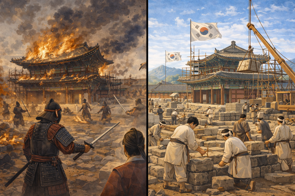Selama Invasi Jepang dan di bangunya kembali Istana Gyeongbokgung oleh Korea